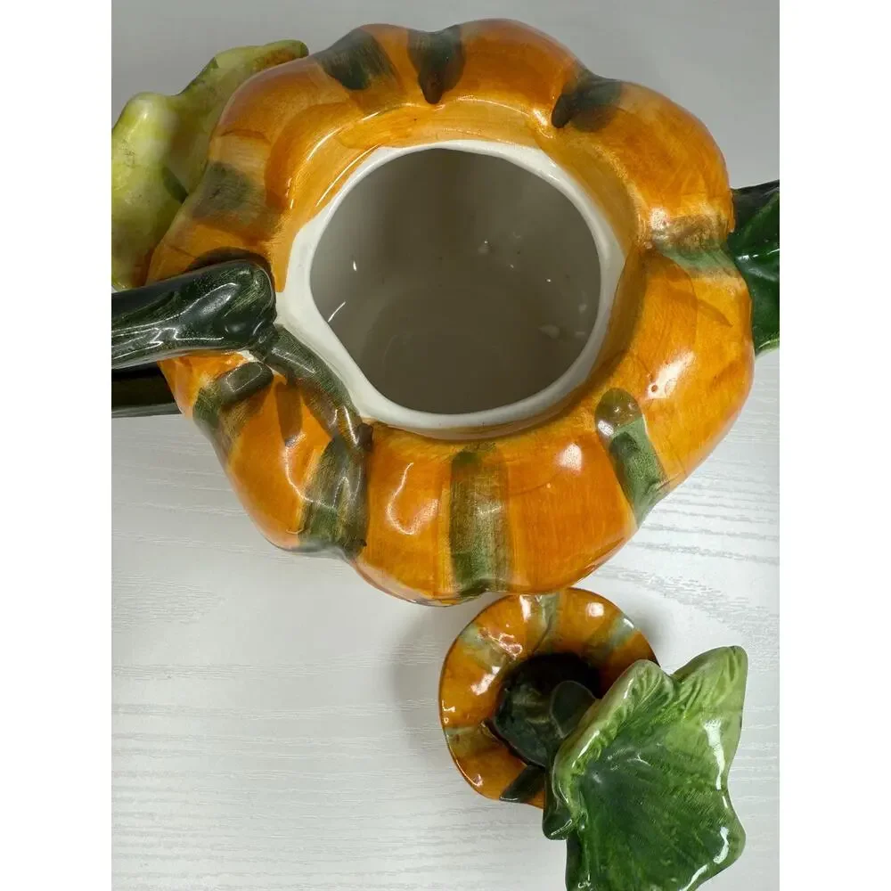 Hand Painted Ceramic Pumpkin Teapot, Vintage Fall Serveware, Orange Green